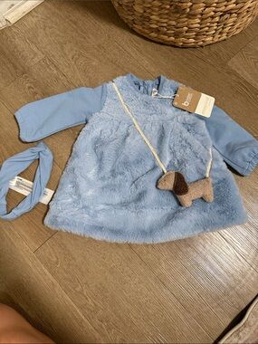 Mayoral Light Blue Faux Fur Dress with Puppy Crossbody and matching headband